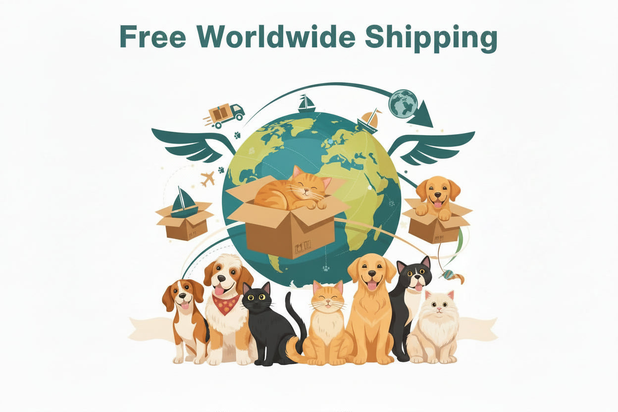 Illustration of dogs and cats around a world map with boxes and airplanes, on a light blue background.
