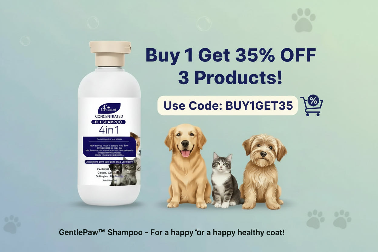 GentlePaw shampoo bottle with promotional text on a light blue background featuring two dogs and a cat.