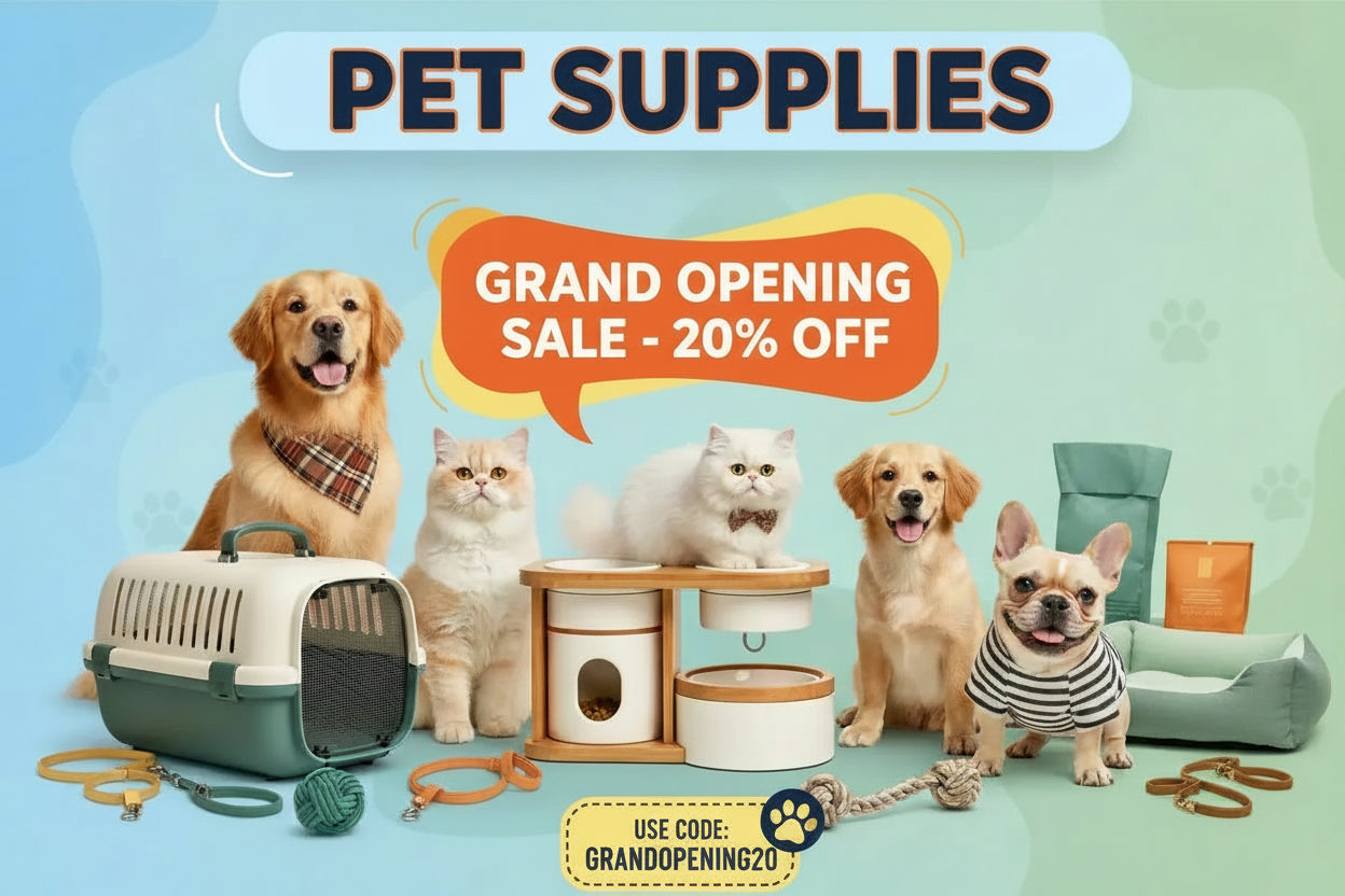 Pet supplies with promotional text for a grand opening sale on a blue background